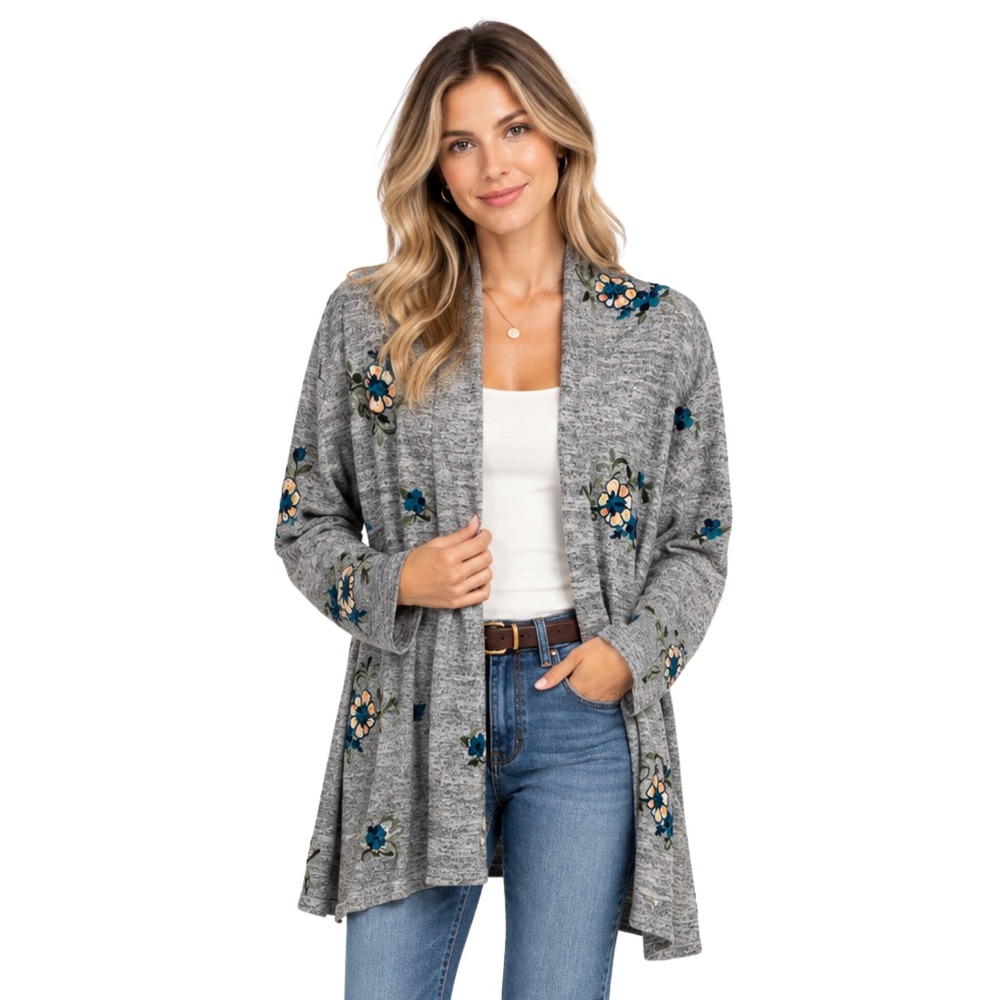 Anthropologie Fig and Flower Cardigan Womens Large Floral Embroidered Open Front